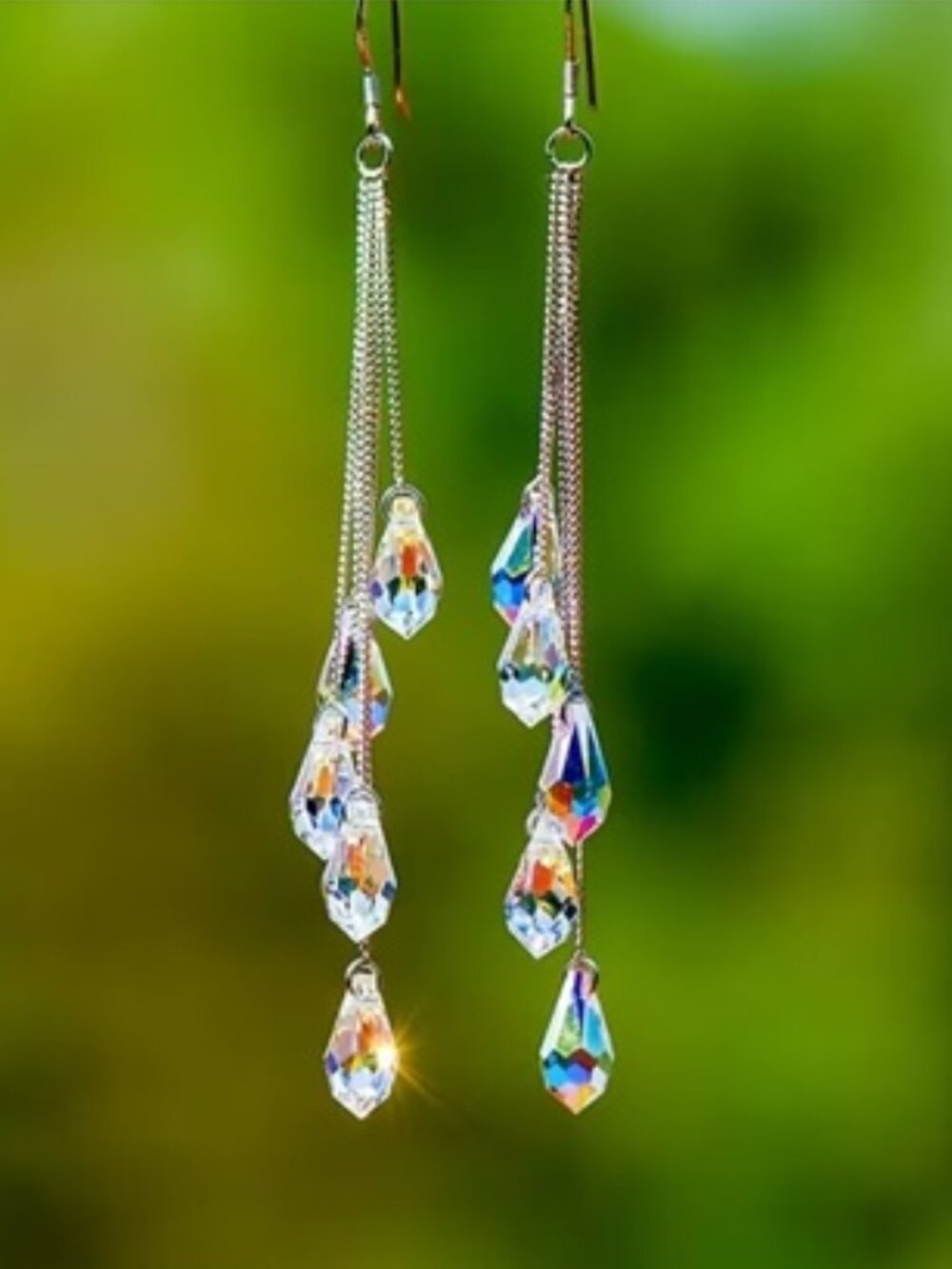 DESIGNER Mod/Contemporary Silver Aurora Borealis Crystals Chains Dangle Earrings